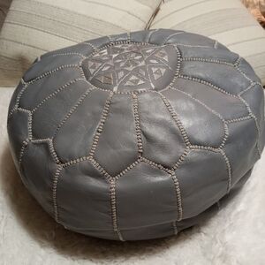 Morrocan Bohemian Coastal Grey Leather Pouf with Classic Taupe Cream Stitching